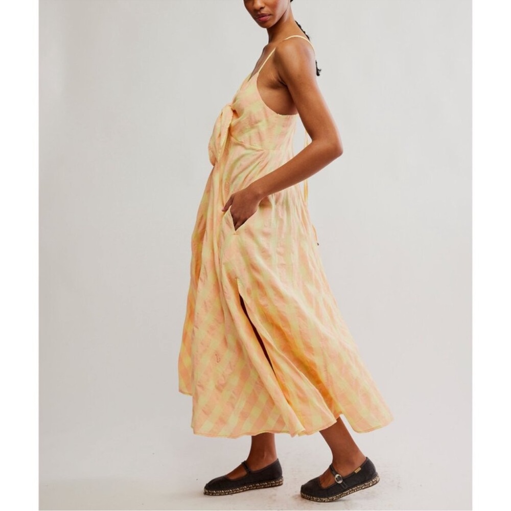 Free People Peach & Cream Tie-Front Button Midi Dress - Picture 10 of 15